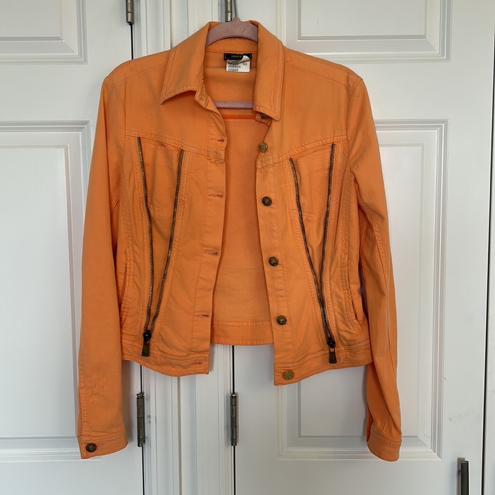 Versace Jeans Orange Denim Button-Up Jacket with Zipper Detail